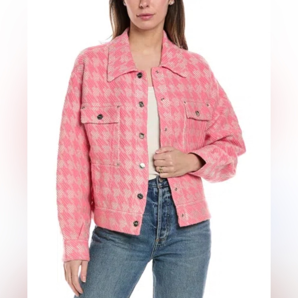 NWOT Sandro Oversized Pink Cream Tweeted Gold Houndstooth Jacket Size 2
